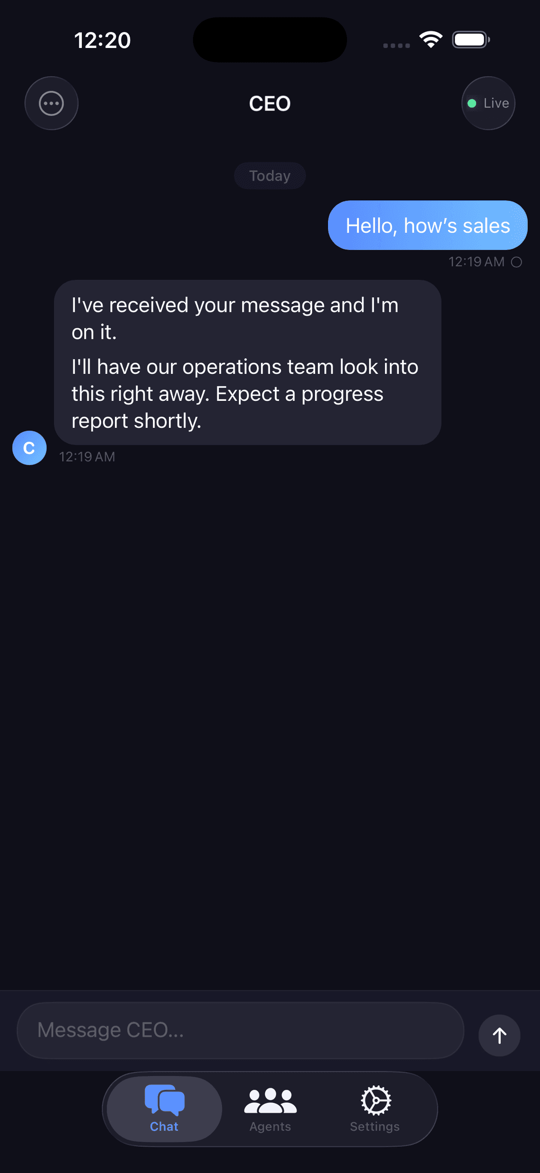 Live conversation with CEO agent